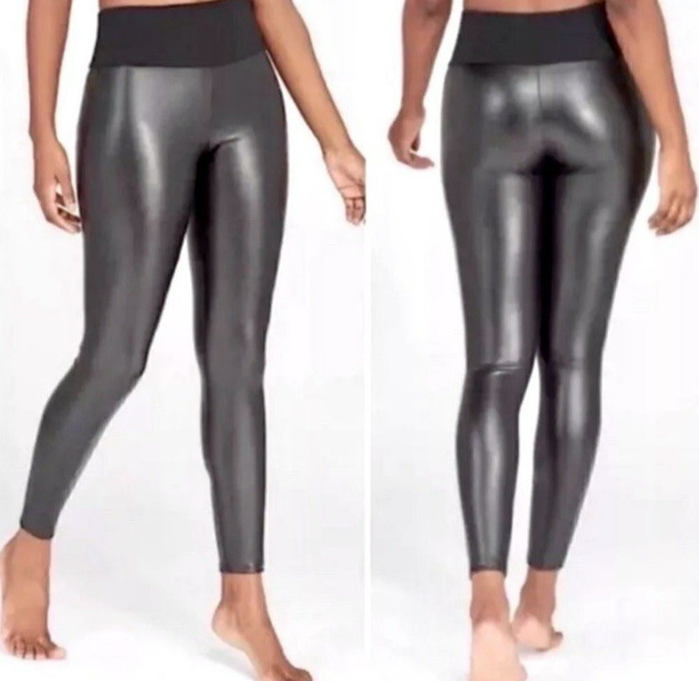 Assets By Spanx Faux Leather Leggings Womens 1X Black Pull On High Rise Edgy